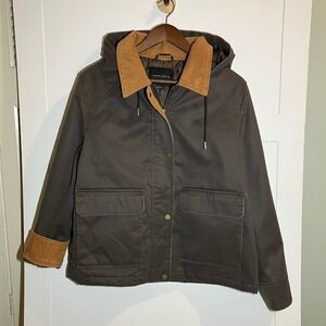 Sanctuary Gray Barn Chore Coat Jacket Size Large Lined Corduroy Trim Hooded